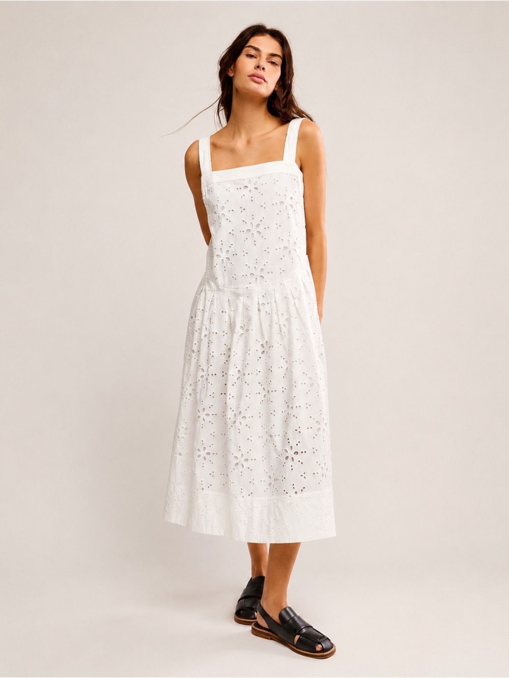 Free People Primavera White Eyelet Cotton Midi Dress Square Neck Tie Strap